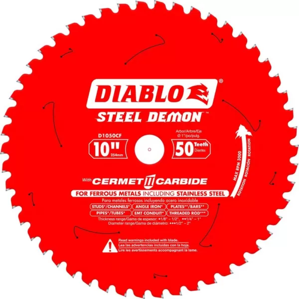 DIABLO 10 in. x 50-Tooth Steel Demon Cermet II Carbide Blade for Ferrous Metals and Stainless Steel