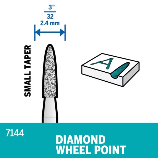 Dremel 3/32 in. Rotary Accessory Diamond Wheel Taper Point for Wood, Ceramic, Glass, Hardened Steel + Semi-Precious Stones