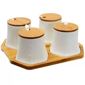 Elama Ceramic Condiment Jars with Bamboo Lids and Serving Spoons
