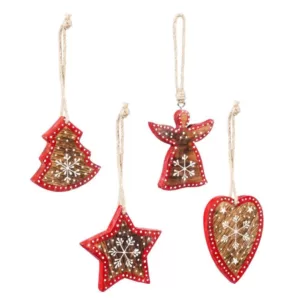 Evergreen 4-1/2 in. Hand-Painted Wood Christmas Ornaments, Star/Heart/Tree/Angel (4-Pack)