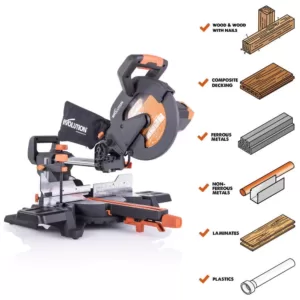 Evolution Power Tools 15 Amp 10 in. Sliding Compound Miter Saw with Laser Guide, Dust Bag, 10 ft. Rubber Power Cord, Multi-Material 28-T Blade