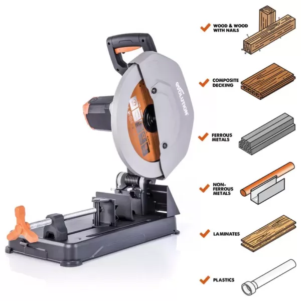 Evolution Power Tools 15 Amp 14 in. Chop Saw with V-Block and Multi-Material 32-T Blade