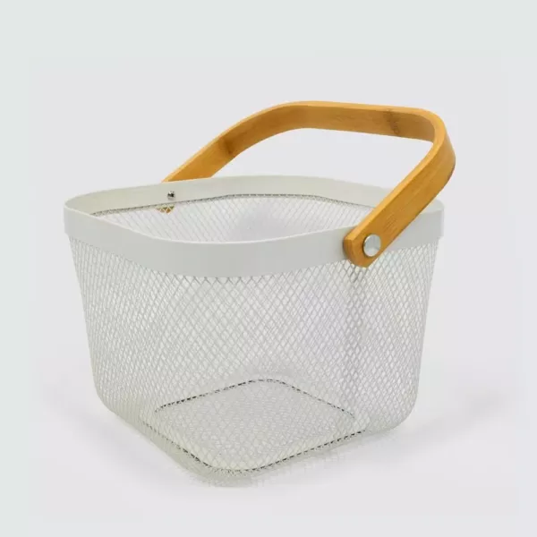 ExcelSteel Excel Steel White Fruit Basket Iron Powdered Coating with Wooden Handle