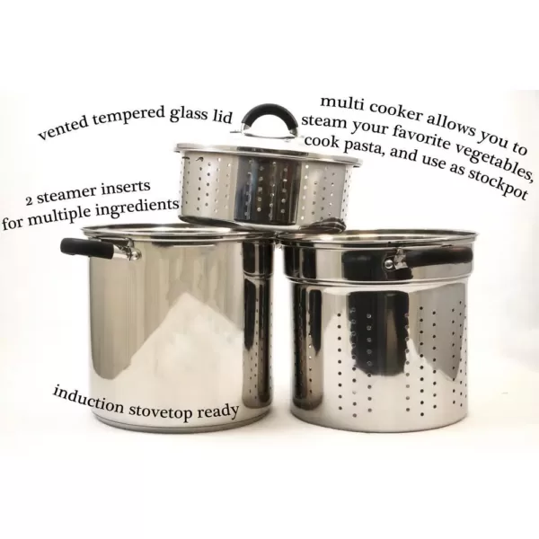 ExcelSteel 8 Qt. Stainless Steel Multi-Cooker Pasta with Lid and Black Silicone Handles