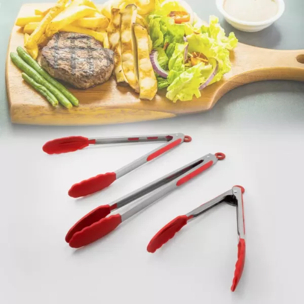 ExcelSteel Stainless Steel Red 9" Silicone Tongs Set of 2 w/ Stay Cool Handle