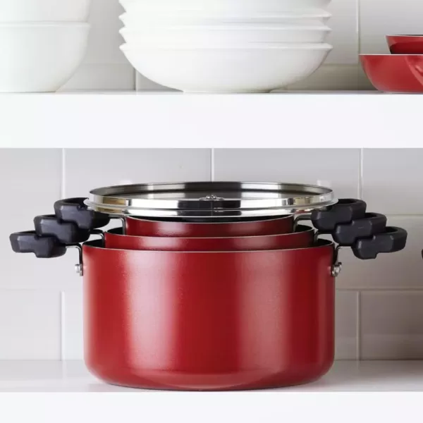 Farberware Neat Nest Space Saving 6 qt. Aluminum Nonstick Sauce Pot in Red with Glass Lid
