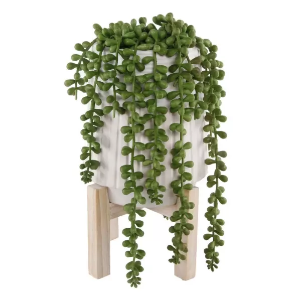 Flora Bunda 10 in. Faux String of Pearl Donkey Tail in White Ceramic Planter with Wood Stand