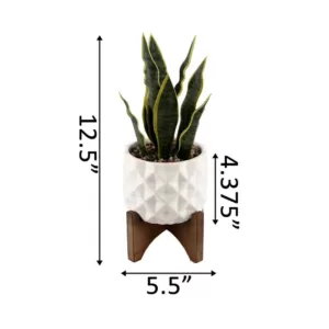 Flora Bunda 12.5 in. Faux Snake Plant in White Dimple Pattern Ceramic Pot on Wood Stand