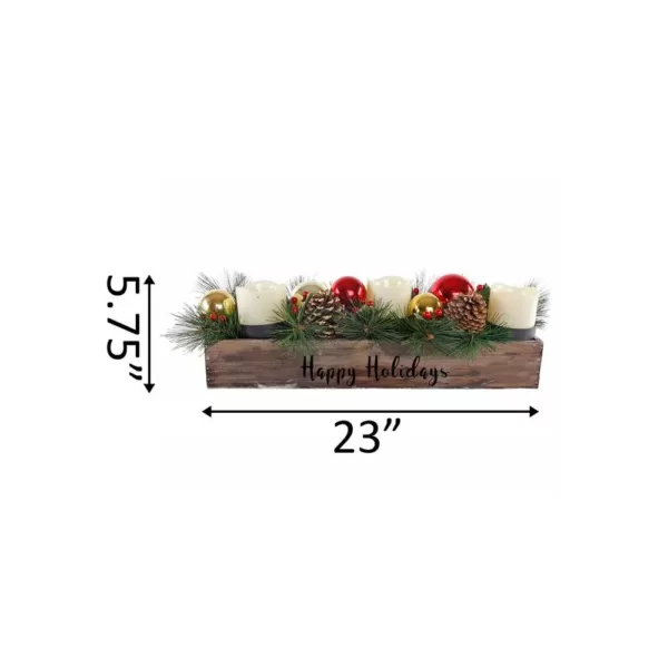 Flora Bunda 23 in. L Wood Happy Holidays Ledge Candle Holder with Pinecones and Berries