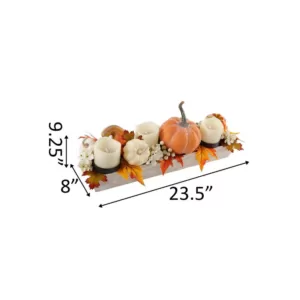 Flora Bunda 23 in. W x 9.25 in. H Fall Harvest Wood Ledge Pumpkin Arrangement Centerpiece Candle Holder with Fall Leaf and Berries