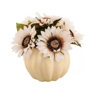 Flora Bunda 10 in. Fall Harvest Artificial Cream White Sunflowers in 7 in. Plastic Foam Pumpkin