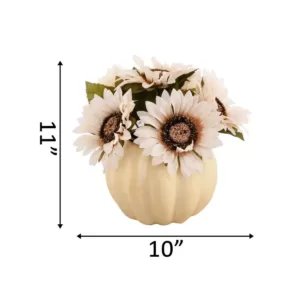 Flora Bunda 10 in. Fall Harvest Artificial Cream White Sunflowers in 7 in. Plastic Foam Pumpkin