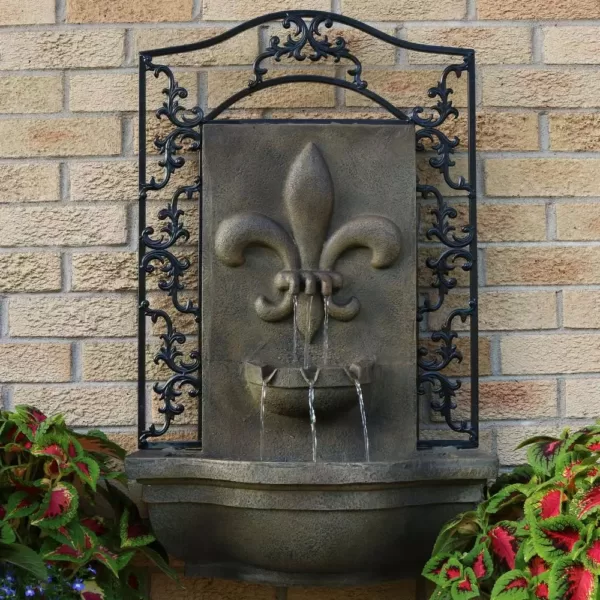 Sunnydaze Decor French Lily Resin Florentine Stone Solar Outdoor Wall Fountain