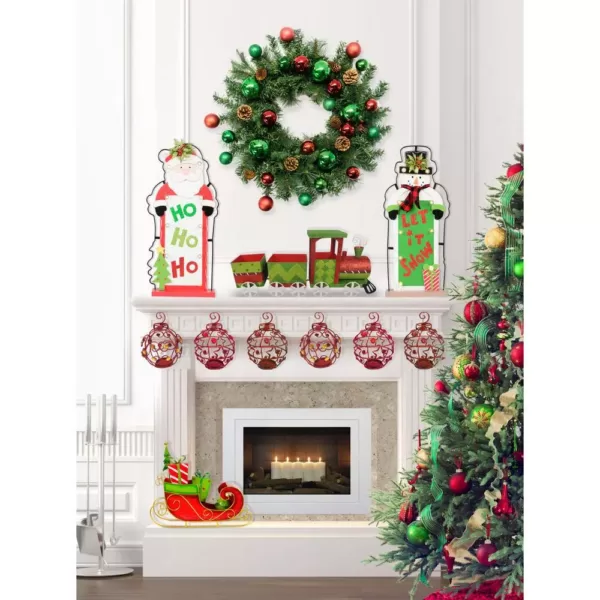 Fraser Hill Farm 24 in. Artificial Christmas Wreath with Train, Sleigh, Gift Box, Lighted HO HO HO & Let it Snow and Bejeweled Ornaments
