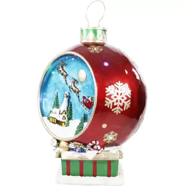 Fraser Hill Farm 34.5 in. Christmas Musical Santa and Flying Sleigh Ornament in Red with Long-Lasting LED Lights