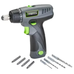 Genesis 8-Volt Lithium-Ion Cordless Quick-Change 2-Speed Screwdriver with LED Work Light, Battery Pack, Charger and 8 Bits