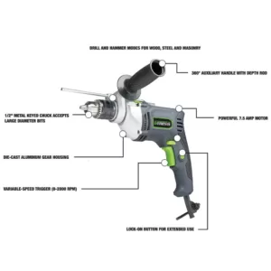 Genesis 7.5 Amp 1/2 in. Variable Speed Reversible Hammer Drill with Control Handle, Lock-On Button and Auxiliary Handle