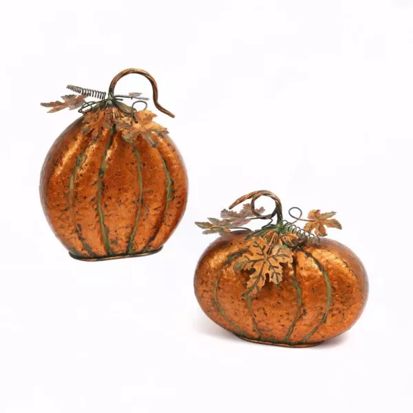 Gerson Assorted 11.75 in. H Iron Harvest Tabletop Pumpkins with Leaf (Set of 2)