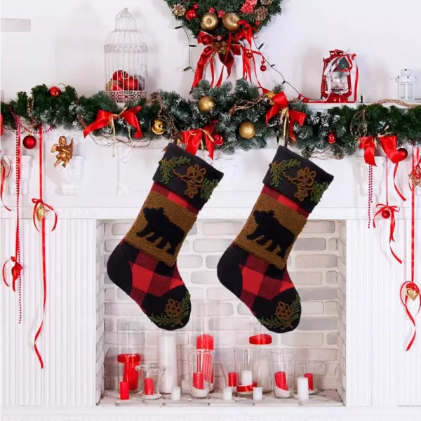 Glitzhome Plaid Stocking with Rug Hooked (Bear) 2-Pack