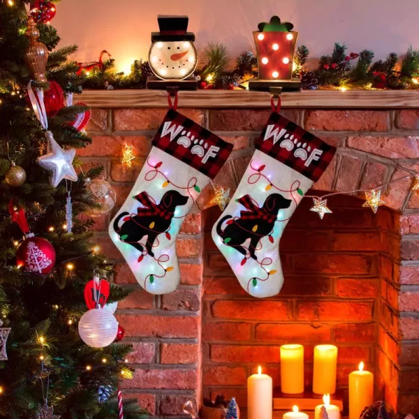 Glitzhome 21 in. Polyester LED Embroidered Linen Christmas Dog Stocking (2-Pack)