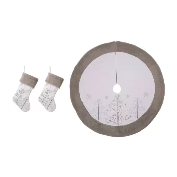 Glitzhome 48 in. Tree Skirt and 21 in. H Stocking (Set of 3 White Fleece Christmas Decorations)