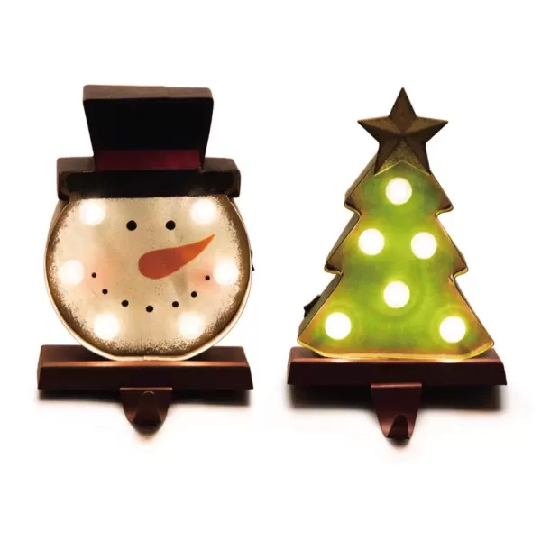 Glitzhome 4.92 in. L x 3.54 in. W x 7.48 in. H Marquee LED Snowman Head and Tree Stocking Holder Set of 2