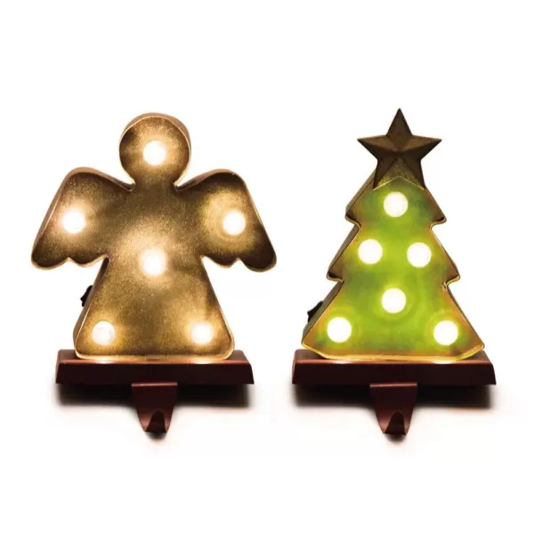 Glitzhome 4.92 in. L x 3.54 in. W x 7.48 in. H Marquee LED Angel and Tree Stocking Holder Set of 2