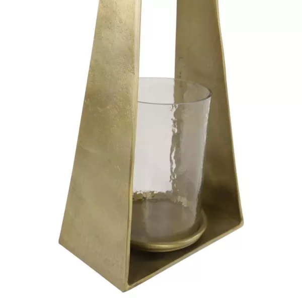 LITTON LANE Large Modern Triangular Gold Metal Candle Holder with Hurricane Glass