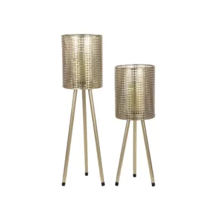 LITTON LANE Tall Cylindrical Gold Mesh Metal Candle Holders on Tripod Bases (Set of 2)
