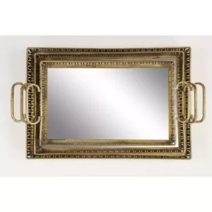 LITTON LANE Large Rectangular Metallic Gold Mirror Vanity Trays with Pierced Metal Designs ( Set of 3)
