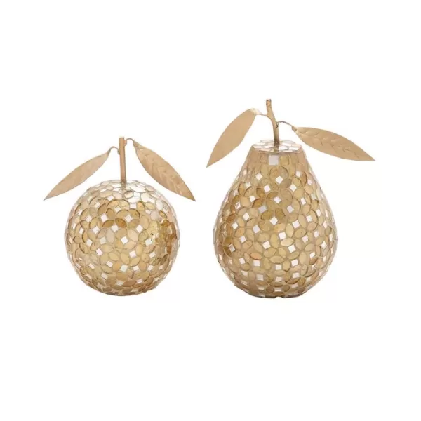 LITTON LANE Gold Iron and Silver Reflective Glass Mosaic Pear and Apple Decor (Set of 2)