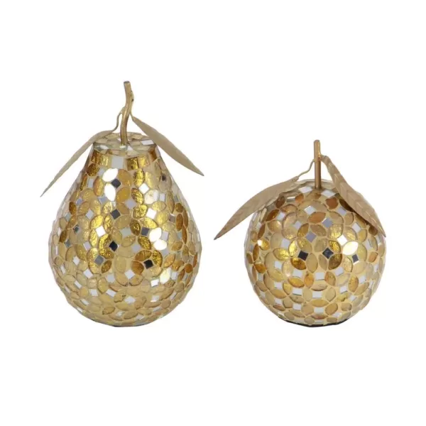 LITTON LANE Gold Iron and Silver Reflective Glass Mosaic Pear and Apple Decor (Set of 2)