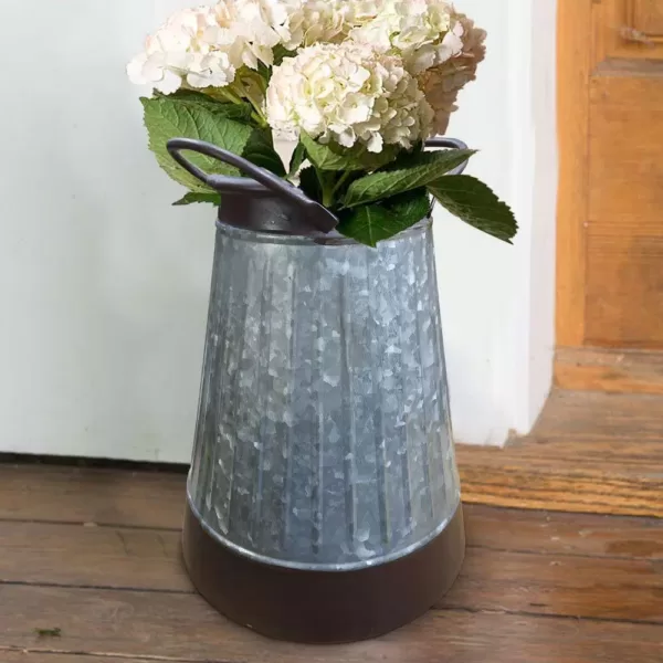 Benjara Gray and Brown Galvanized Metal Corrugated Decorative Flower Vase with Curved Side Handles