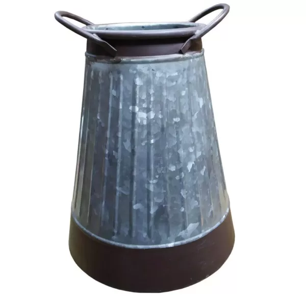 Benjara Gray and Brown Galvanized Metal Corrugated Decorative Flower Vase with Curved Side Handles
