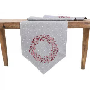 Manor Luxe 16 in. x 36 in. Holly Berry Wreath Embroidered Christmas Table Runner, Gray