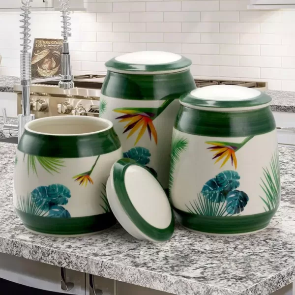 Elama Paradise Palms Green 3-Piece Ceramic Cannister Collection with Ceramic Tops