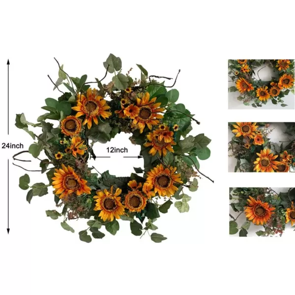 Glitzhome 24 in. Unlit Green Artificial Wreath with Golden Orange Sunflowers
