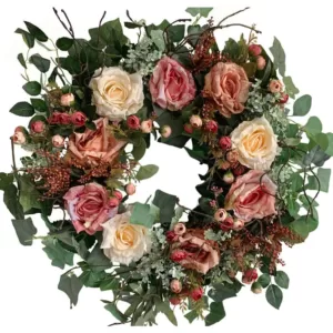 Glitzhome 26 in. Unlit Green Artificial Wreath with Roses