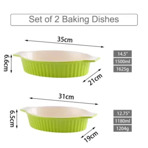 MALACASA 2-Piece Oval Green Porcelain Bakeware Set 12.75 in. and 14.5 in. Baking Pans