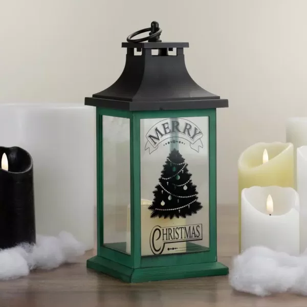 Northlight 12 in. Green and Black LED Candle With Christmas Tree Tabletop Lantern