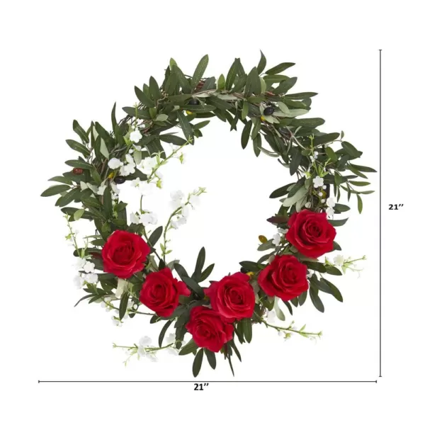Nearly Natural 21 in. Olive, Rose and Cherry Blossom Artificial Wreath