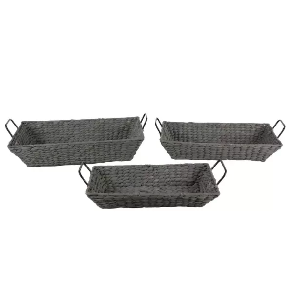 LITTON LANE Nesting Rectangular Gray Seagrass Basket Trays with Black Metal Handles (Set of 3)