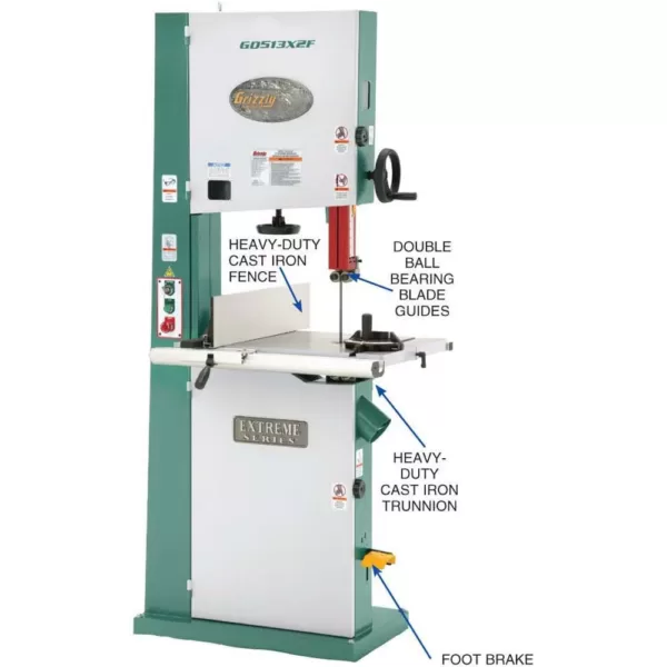 Grizzly Industrial 17" 2 HP Extreme-Series Bandsaw with Cast-Iron Trunnion & Foot Brake
