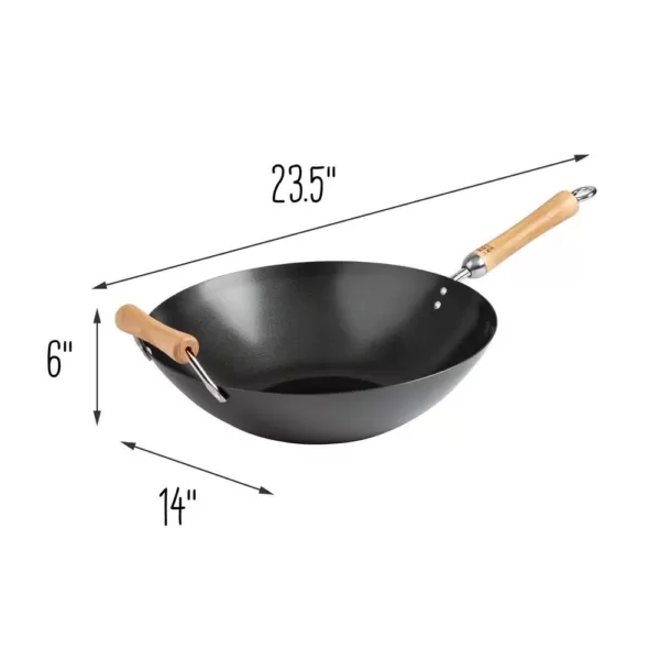 Honey-Can-Do Joyce Chen 14 in. Black with Birchwood Handle Carbon Steel Non-Stick Wok