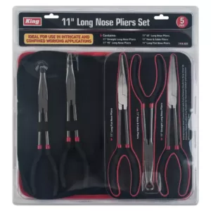 KING 11 in. Straight 90-Degree, 45-Degree, Hose and Cable, and Long Flat Nose Pliers Set (5-Pieces)