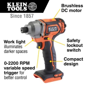 Klein Tools Battery-Operated Compact Impact Driver, 1/4 in. Hex Drive, Tool Only