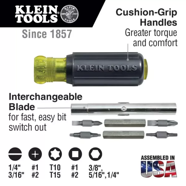 Klein Tools 11-in-1 Multi Bit Screwdriver & Nut Driver - Cushion Grip Handle