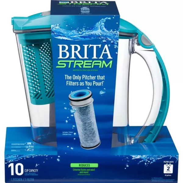 Brita Stream Rapids 10-Cup Filter as You Pour Water Pitcher in Lake Blue with Water Filter, BPA Free