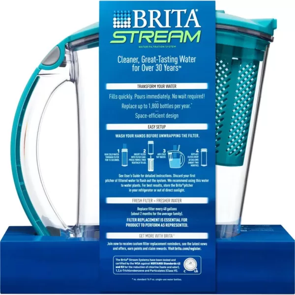Brita Stream Rapids 10-Cup Filter as You Pour Water Pitcher in Lake Blue with Water Filter, BPA Free
