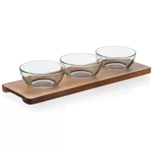 Libbey Acaciawood 3-Piece Glass Condiment Dish Set with Wood Serving Board